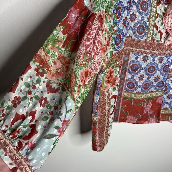 Zara Top Womens XL Patchwork Floral V Neck Ruffle Boho Swiss Dot Chiffon Blouse - Picture 12 of 16